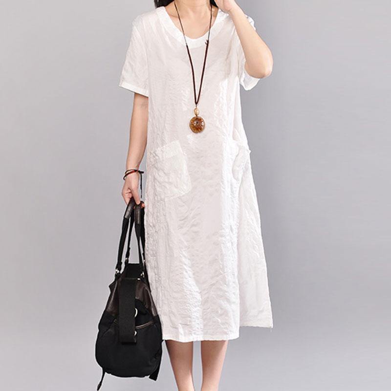 stylish cotton caftans plus size clothing Casual Summer V Neck Short Sleeve White Pullover Dress - Omychic