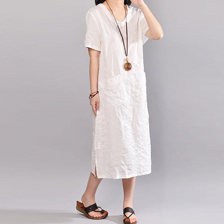 stylish cotton caftans plus size clothing Casual Summer V Neck Short Sleeve White Pullover Dress - Omychic