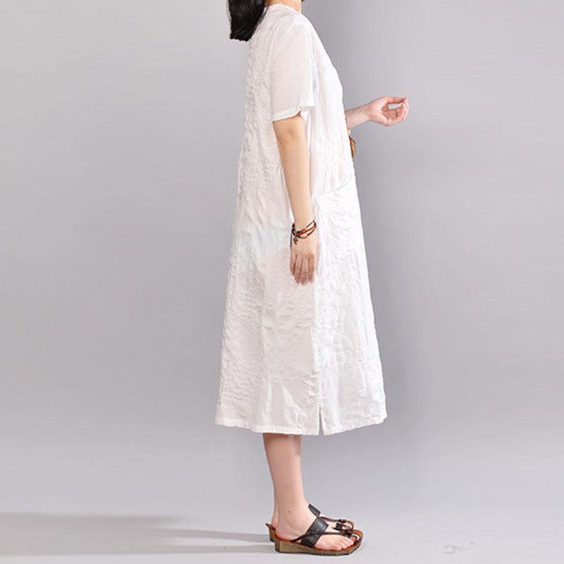 stylish cotton caftans plus size clothing Casual Summer V Neck Short Sleeve White Pullover Dress - Omychic