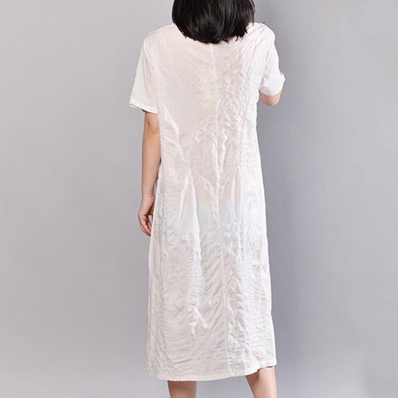 stylish cotton caftans plus size clothing Casual Summer V Neck Short Sleeve White Pullover Dress - Omychic