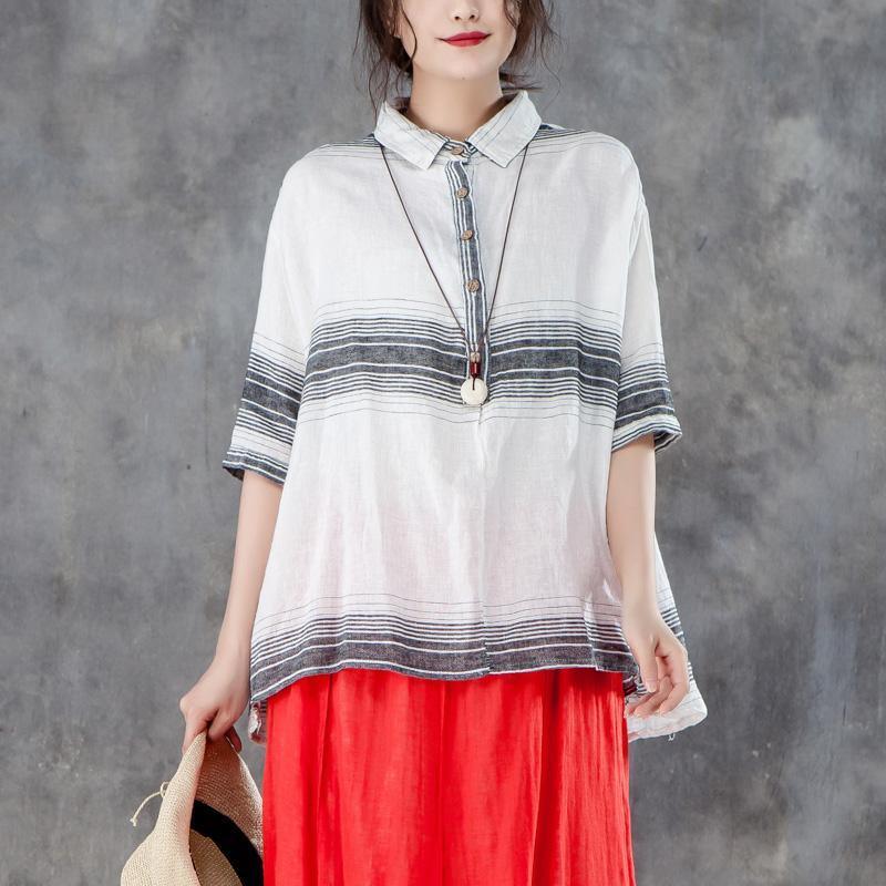 stylish cotton linen blouses trendy plus size women polo collar 12 Sleeve Stripe Blouse - Omychic