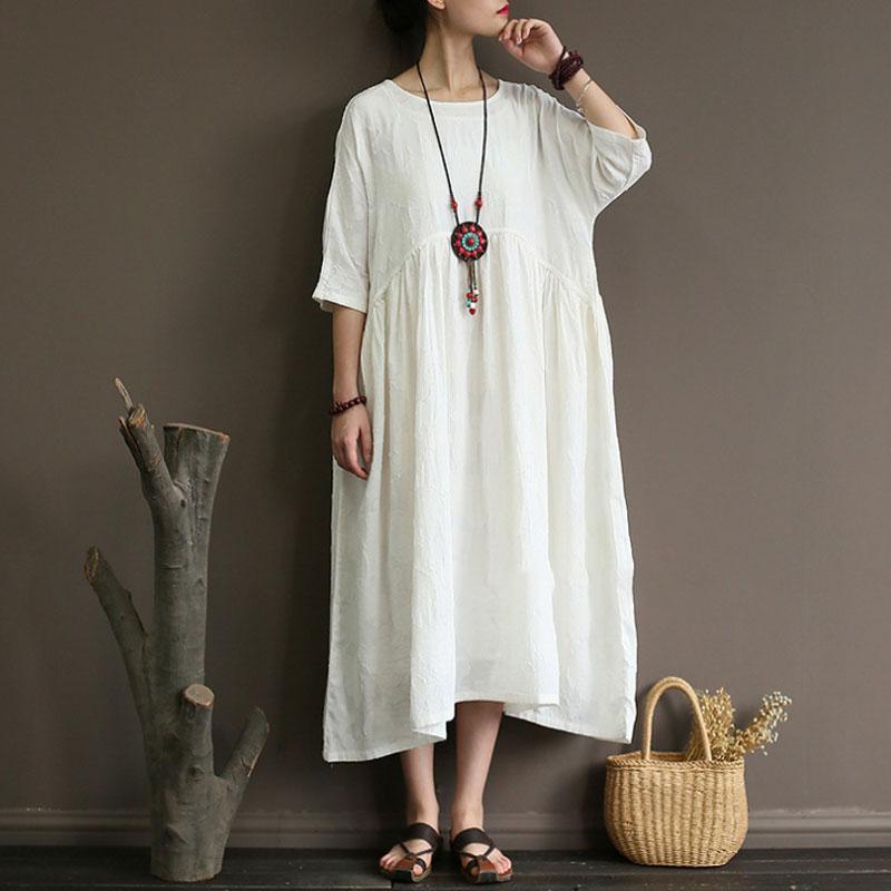 stylish cotton linen maxi dress plus size clothing Summer Cotton Linen Half Sleeve White Pleated Dress - Omychic