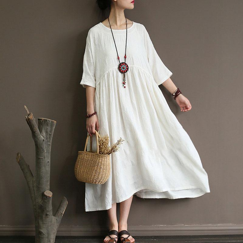 stylish cotton linen maxi dress plus size clothing Summer Cotton Linen Half Sleeve White Pleated Dress - Omychic