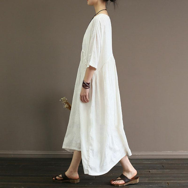 stylish cotton linen maxi dress plus size clothing Summer Cotton Linen Half Sleeve White Pleated Dress - Omychic