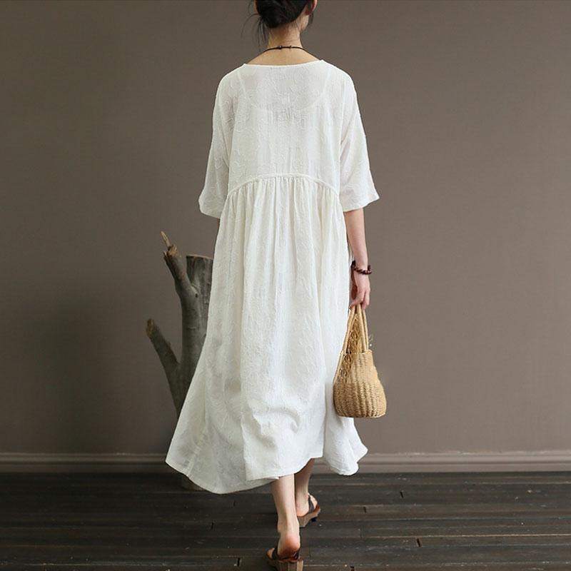 stylish cotton linen maxi dress plus size clothing Summer Cotton Linen Half Sleeve White Pleated Dress - Omychic