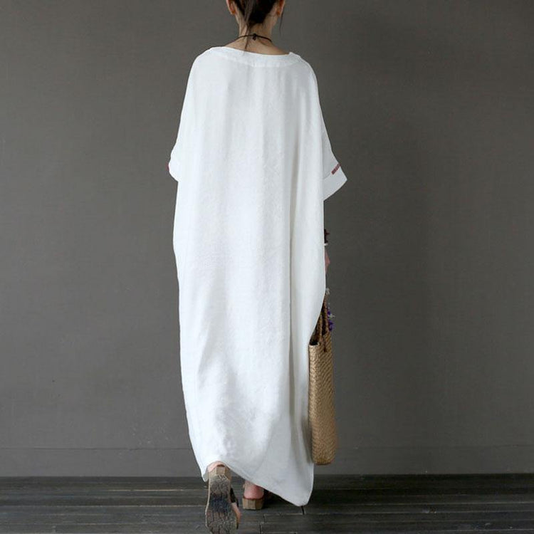 Stylish Cotton Linen Maxi Dress Plus Size Clothing Women Flax Cotton Linen 1/2 Sleeve Embroidery White Dress ( Limited Stock) - Omychic