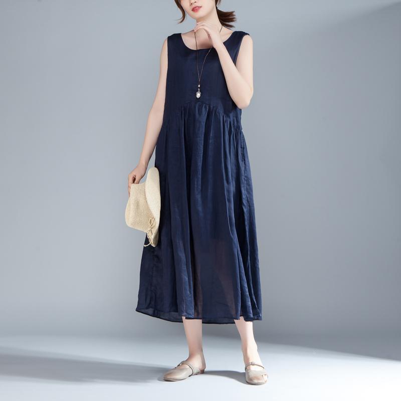 stylish cotton summer dress plus size clothing Women Sleeveless Pleated Lacing Plain Blue Dress - Omychic