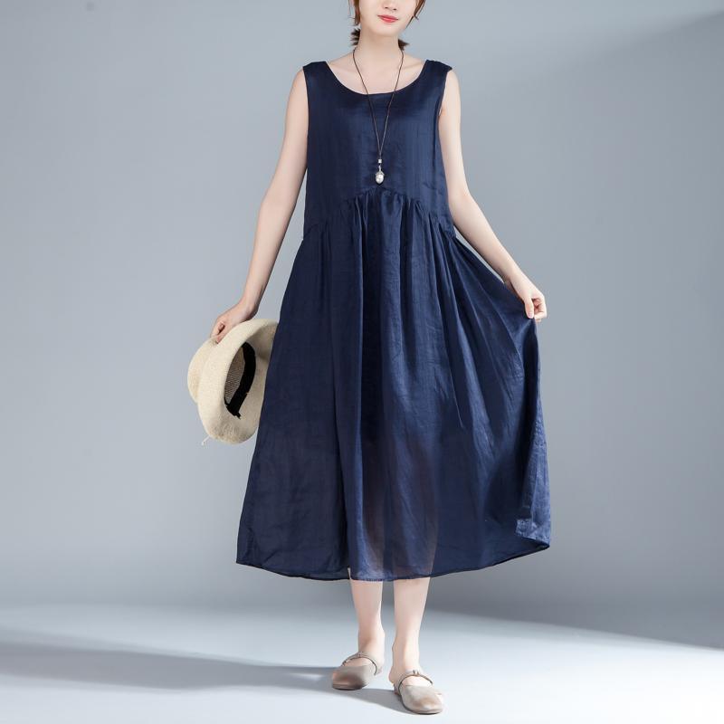 stylish cotton summer dress plus size clothing Women Sleeveless Pleated Lacing Plain Blue Dress - Omychic