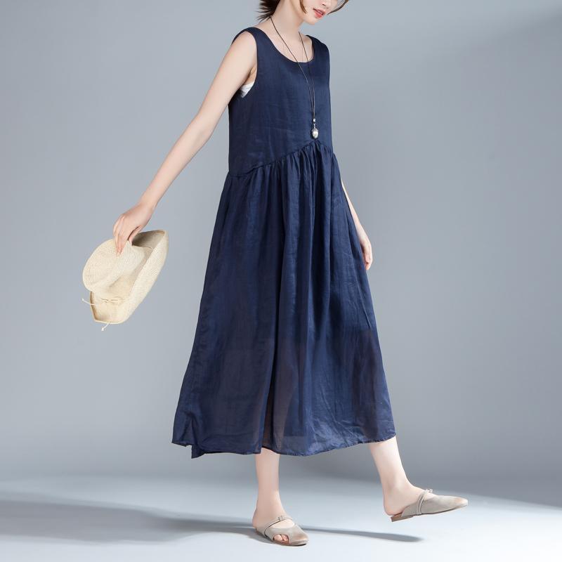 stylish cotton summer dress plus size clothing Women Sleeveless Pleated Lacing Plain Blue Dress - Omychic