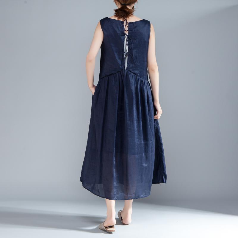 stylish cotton summer dress plus size clothing Women Sleeveless Pleated Lacing Plain Blue Dress - Omychic