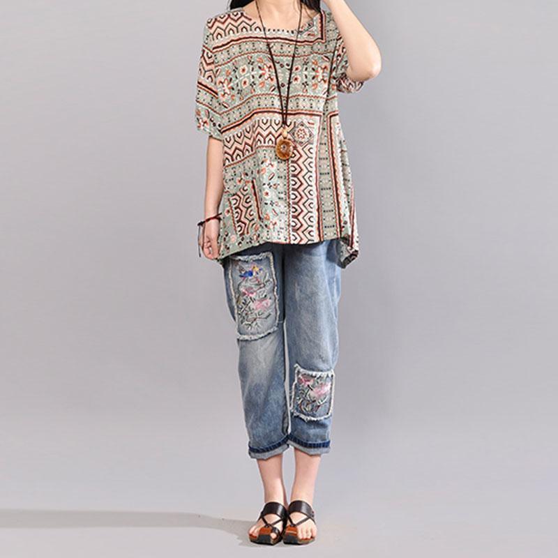 stylish cotton summer top plus size Women Printed Summer Pullover Loose Cotton Tops - Omychic