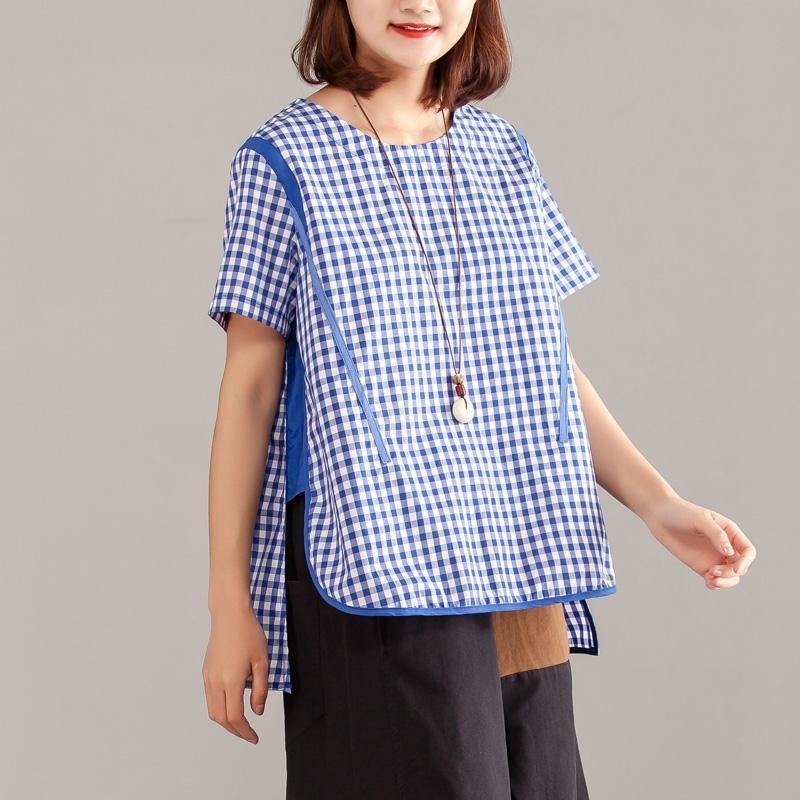 stylish cotton summer top trendy plus size Women Blue Plaid Zipper Short Sleeve Summer Tops - Omychic