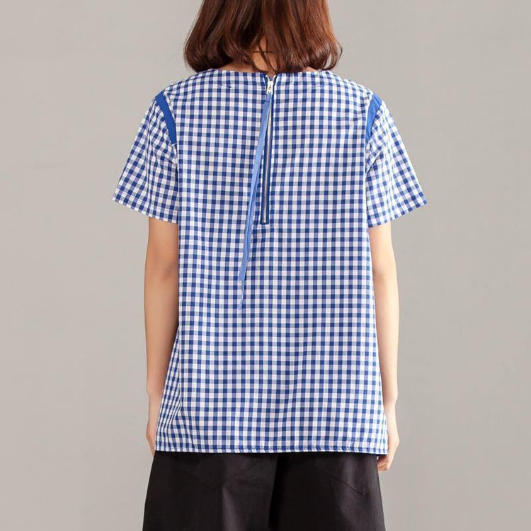 stylish cotton summer top trendy plus size Women Blue Plaid Zipper Short Sleeve Summer Tops - Omychic