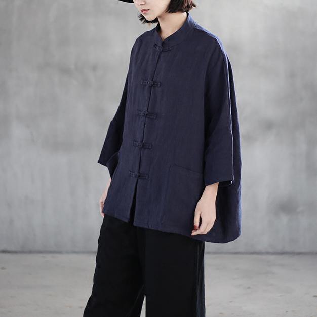 stylish dark blue  linen tops plus size linen clothing tops casual lapel collar Chinese Button cotton shirts - Omychic