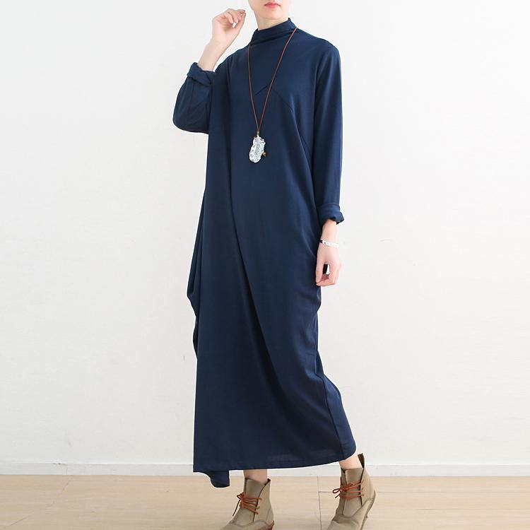 winter outfits blue 2018 fall dress Loose fitting high neck traveling dress women asymmetric dresses - Omychic