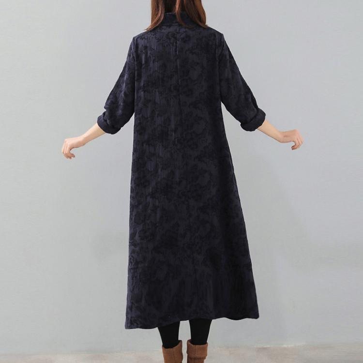 stylish dark blue oversized stand collar print linen maxi dress women Chinese Button pockets kaftans - Omychic