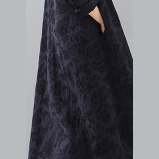 stylish dark blue oversized stand collar print linen maxi dress women Chinese Button pockets kaftans - Omychic