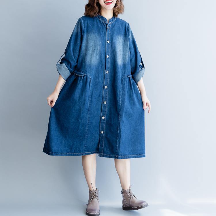 stylish denim blue cotton dresses trendy plus size cotton maxi dress embroidery women stand collar cotton dress - Omychic