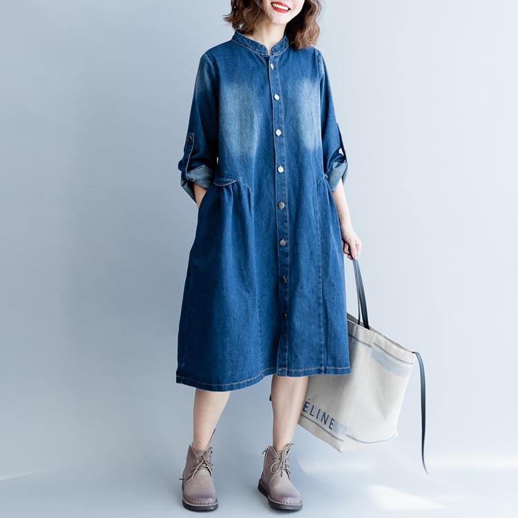 stylish denim blue cotton dresses trendy plus size cotton maxi dress embroidery women stand collar cotton dress - Omychic