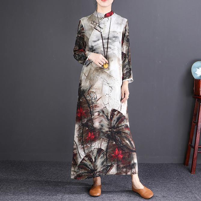 stylish floral cotton linen maxi dress Loose fitting Stand pockets 2018 long sleeve maxi dresses - Omychic