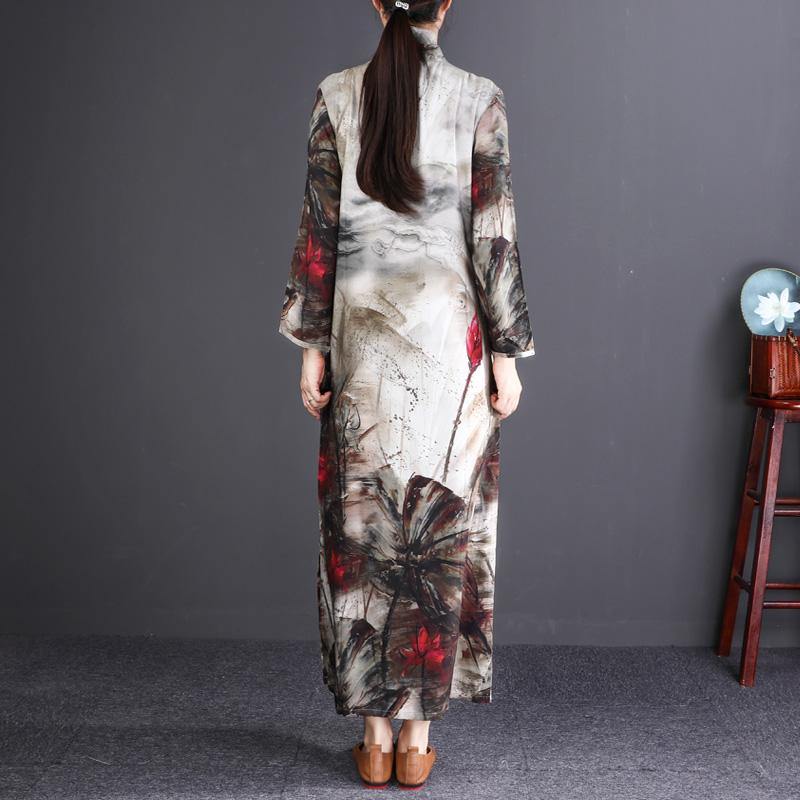 stylish floral cotton linen maxi dress Loose fitting Stand pockets 2018 long sleeve maxi dresses - Omychic