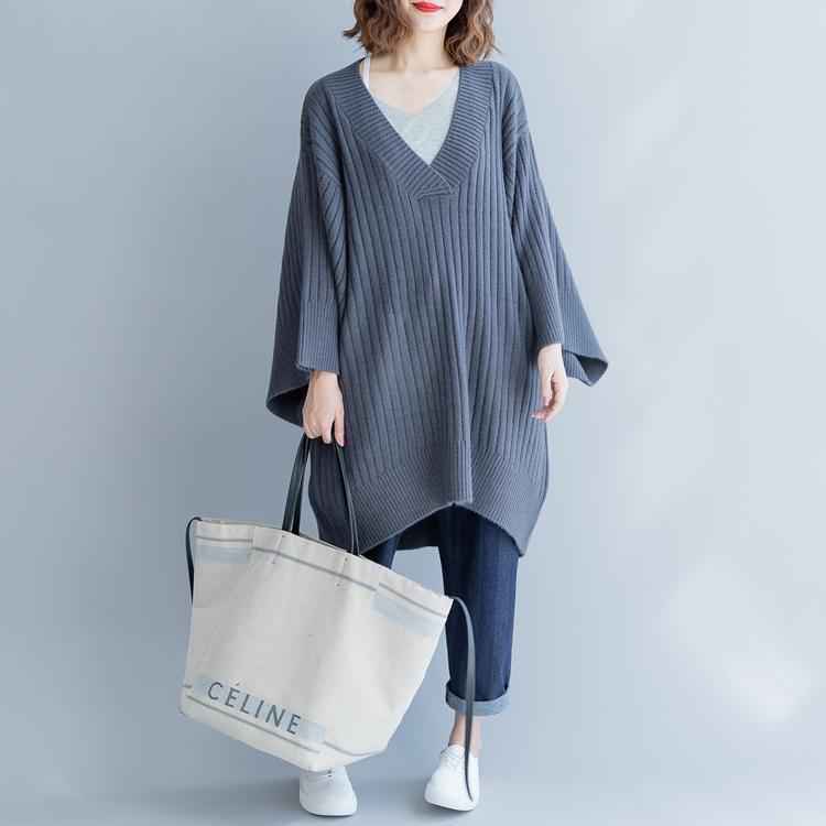 stylish gray  knit dress plus size clothing low high design winter dress vintage v neck winter dress - Omychic