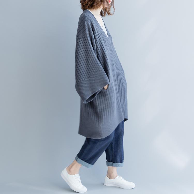 stylish gray  knit dress plus size clothing low high design winter dress vintage v neck winter dress - Omychic