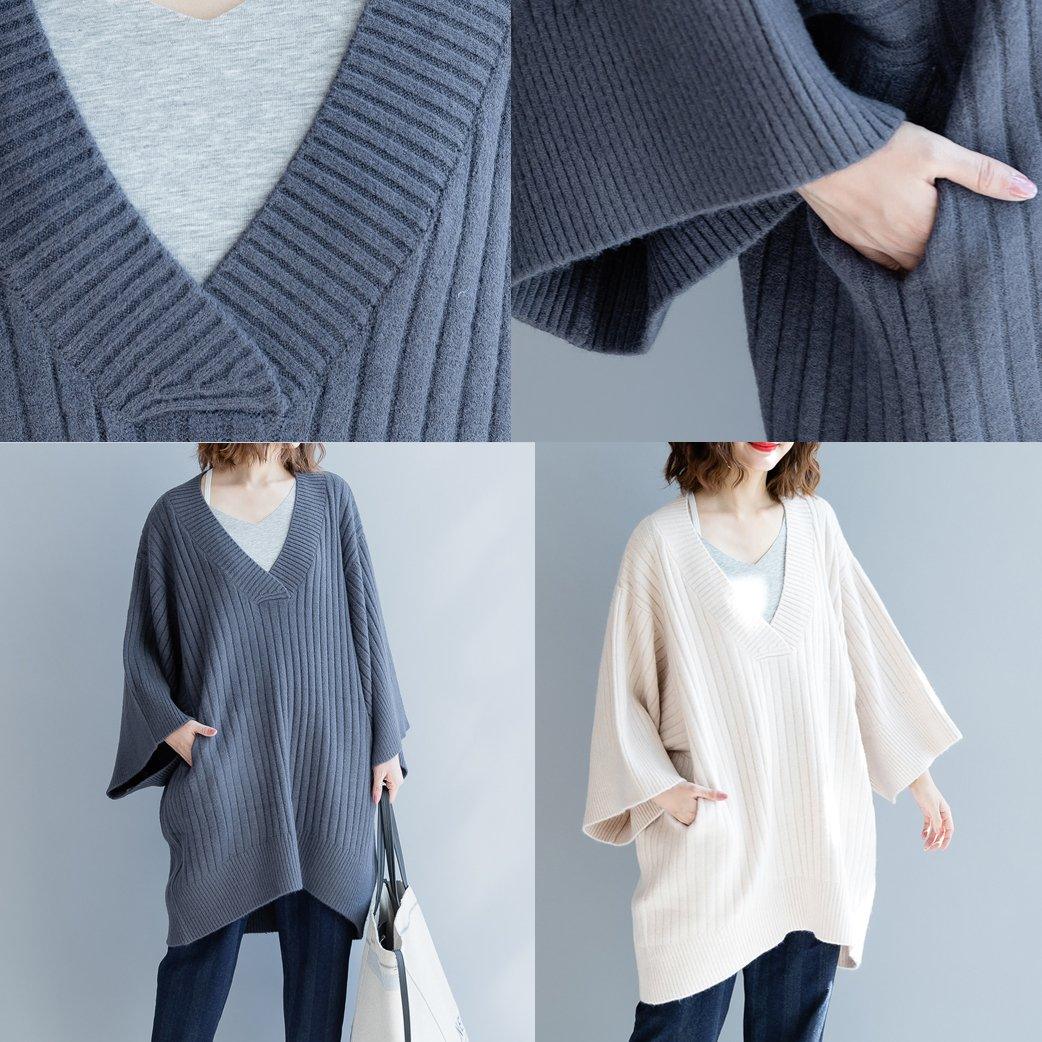 stylish gray  knit dress plus size clothing low high design winter dress vintage v neck winter dress - Omychic