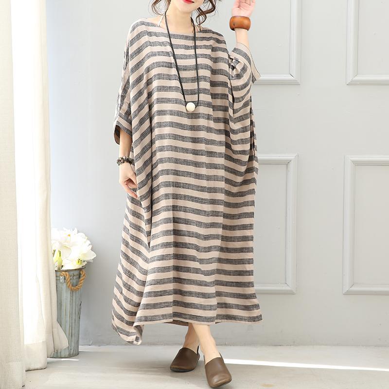stylish gray striped linen dress oversize O neck baggy dresses linen gown women batwing sleeve baggy dresses - Omychic