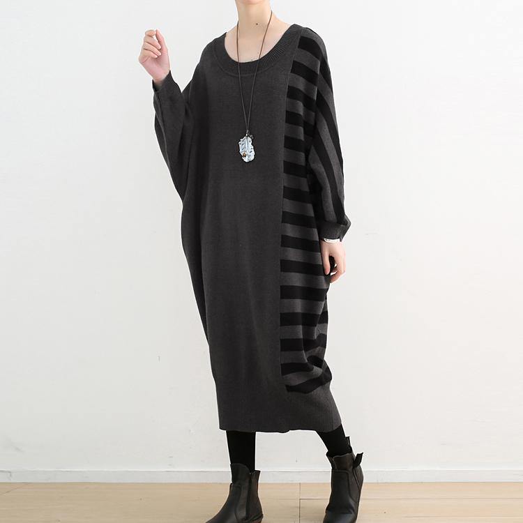 stylish gray striped sweater dresses Loose fitting o neck long knit sweaters women baggy winter dress - Omychic