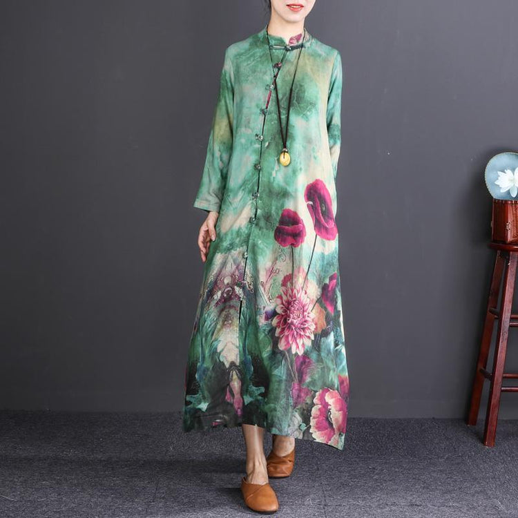 stylish green print long cotton linen dresses plus size Stand vintage long sleeve baggy shirt dresses - Omychic