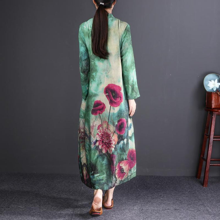 stylish green print long cotton linen dresses plus size Stand vintage long sleeve baggy shirt dresses - Omychic