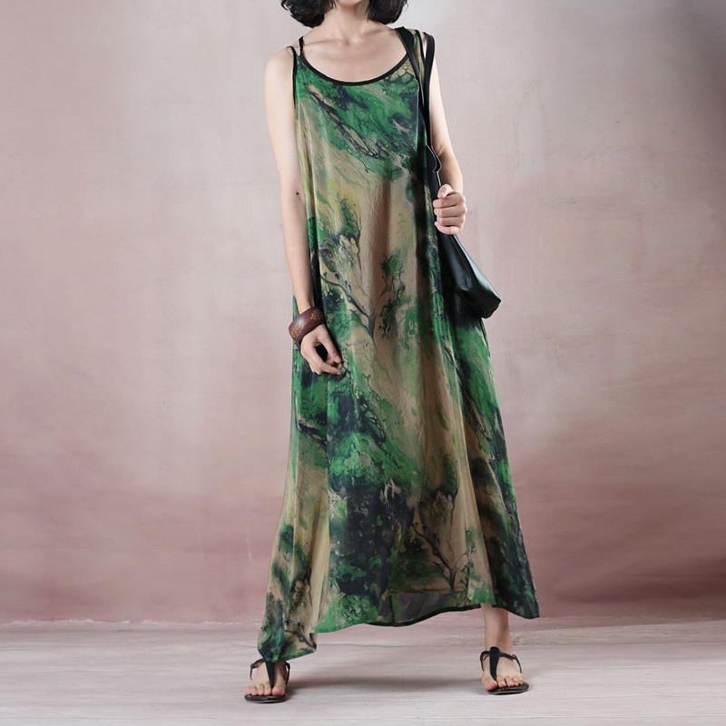 stylish green print silk dress plus size o neck back side open gown boutique Spaghetti Strap caftans - Omychic