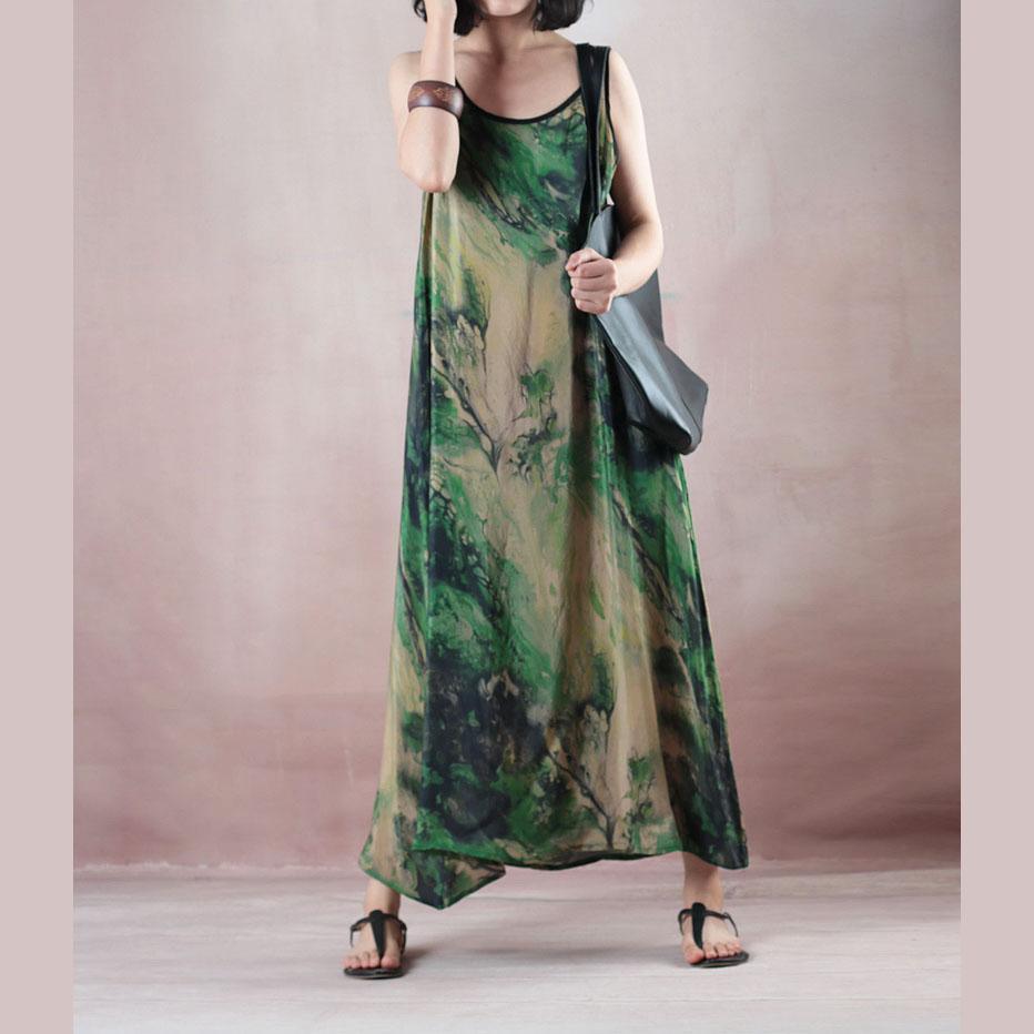 stylish green print silk dress plus size o neck back side open gown boutique Spaghetti Strap caftans - Omychic