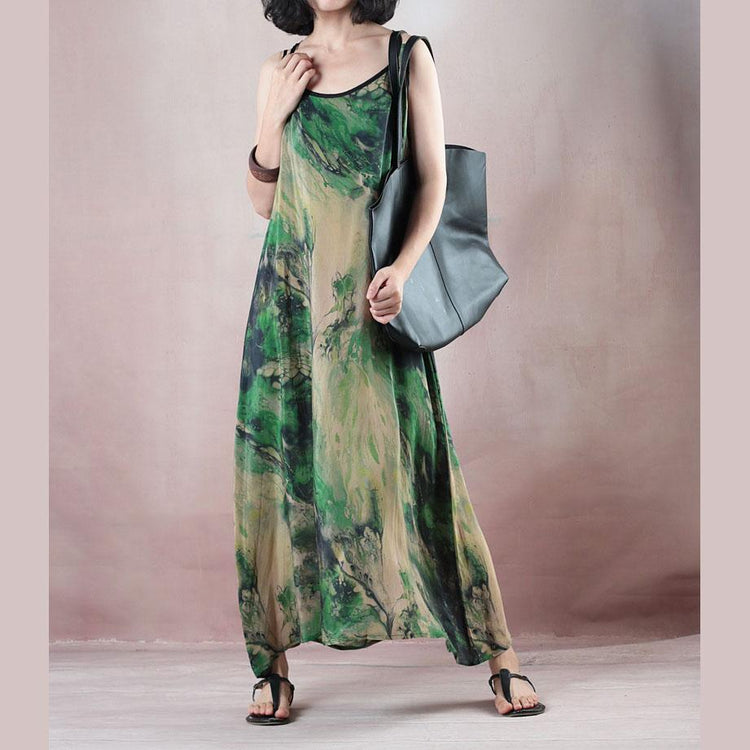 stylish green print silk dress plus size o neck back side open gown boutique Spaghetti Strap caftans - Omychic