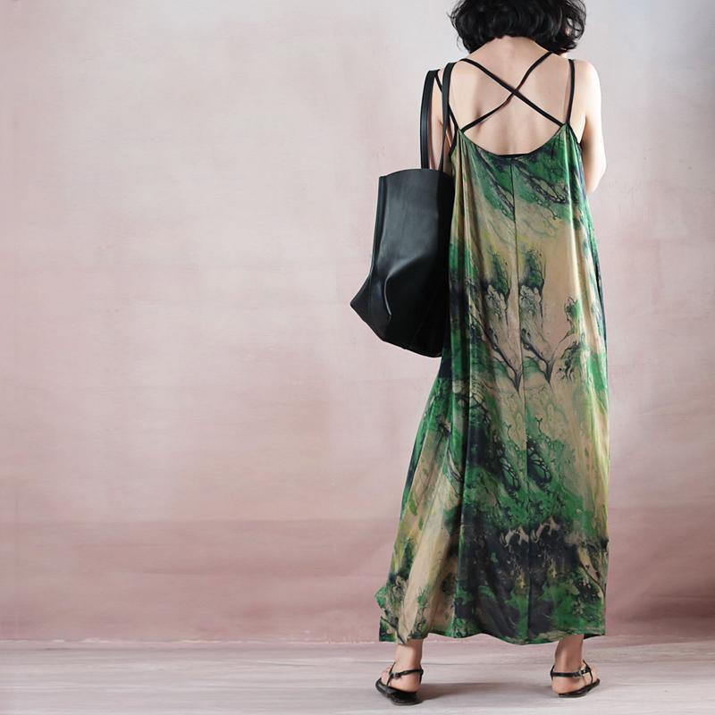 stylish green print silk dress plus size o neck back side open gown boutique Spaghetti Strap caftans - Omychic