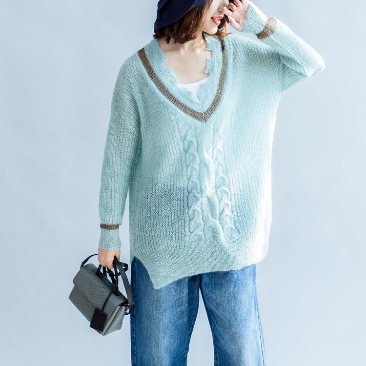 stylish light green cozy sweater Loose fitting v neck pullover 2018side open winter shirt - Omychic