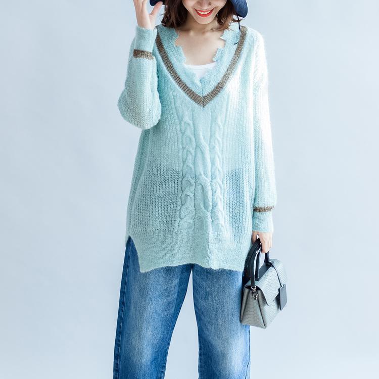 stylish light green cozy sweater Loose fitting v neck pullover 2018side open winter shirt - Omychic