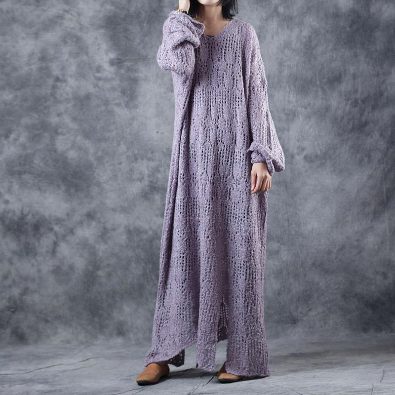 stylish light purple knit dresses Loose fitting v neck sweater women hollow out pullover - Omychic