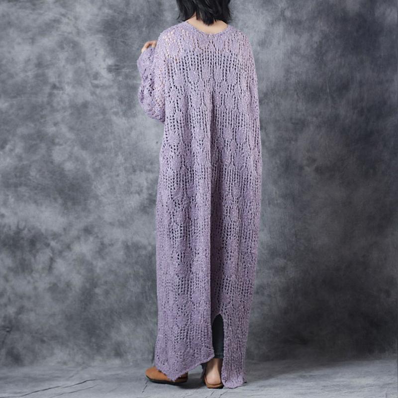 stylish light purple knit dresses Loose fitting v neck sweater women hollow out pullover - Omychic