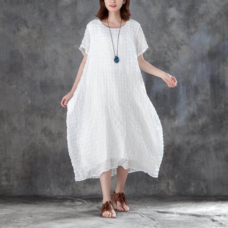 stylish linen blended sundress trendy plus size Women Short Sleeve Plain White Pullovers Dress - Omychic