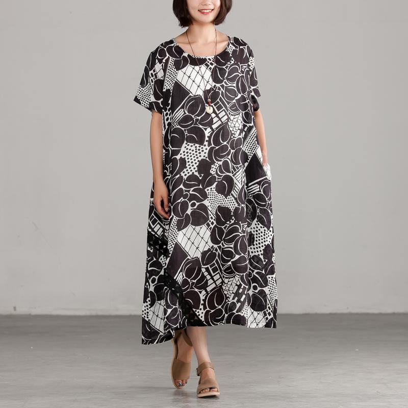 stylish linen dress oversize Commuter Summer Printing Pocket Black Dress - Omychic