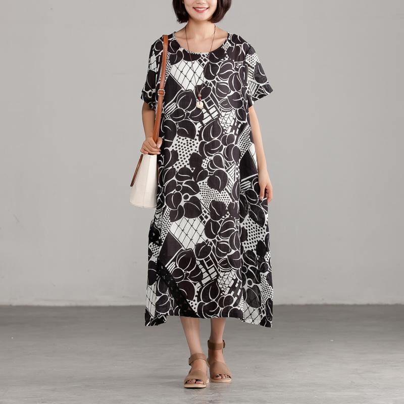 stylish linen dress oversize Commuter Summer Printing Pocket Black Dress - Omychic
