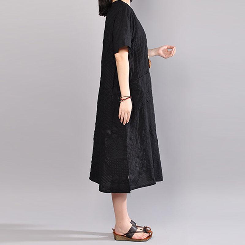 stylish long cotton dress plus size Casual Summer V Neck Short Sleeve Black Pullover Dress - Omychic