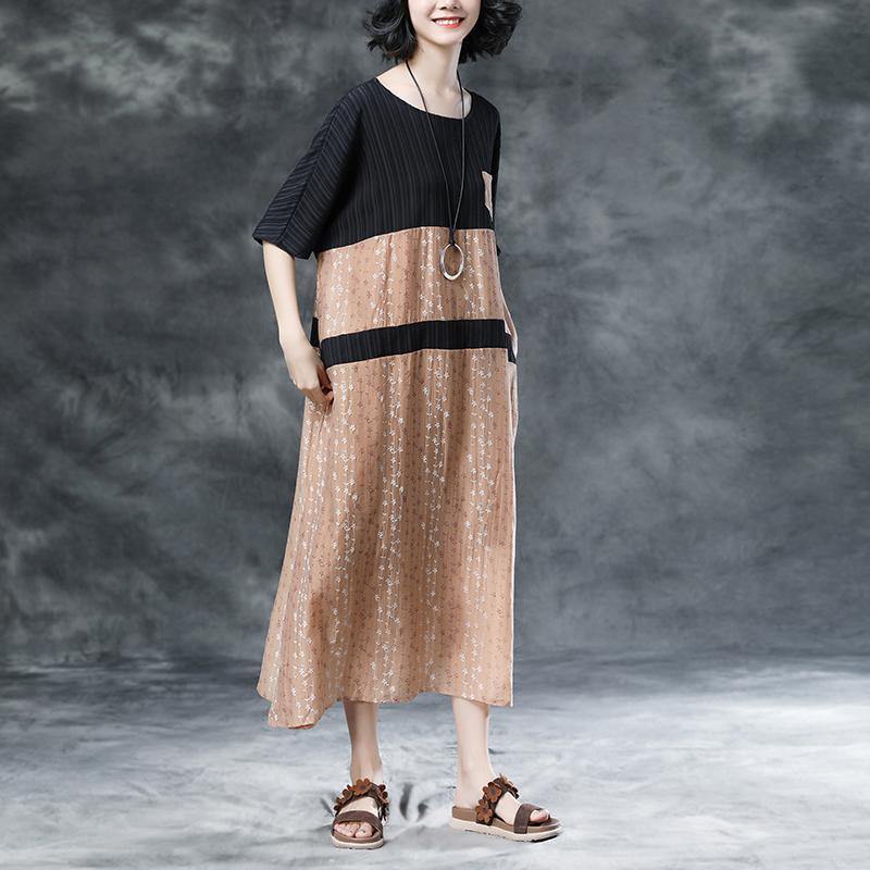 stylish long cotton linen dresses trendy plus size Floral Casual Pockets Summer Short Sleeve Khaki Dress - Omychic