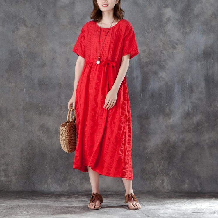 stylish long cotton linen dresses trendy plus size Women Red cotton Linen Lacing Casual Short Sleeve Dress - Omychic