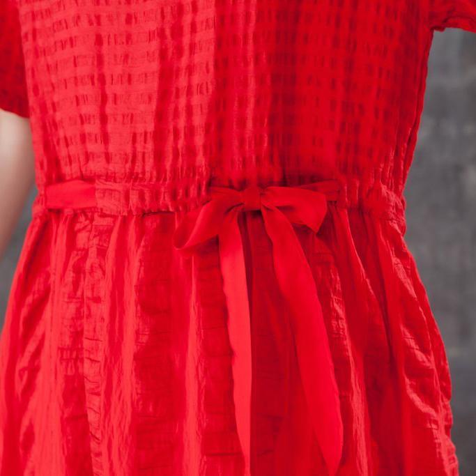 stylish long cotton linen dresses trendy plus size Women Red cotton Linen Lacing Casual Short Sleeve Dress - Omychic