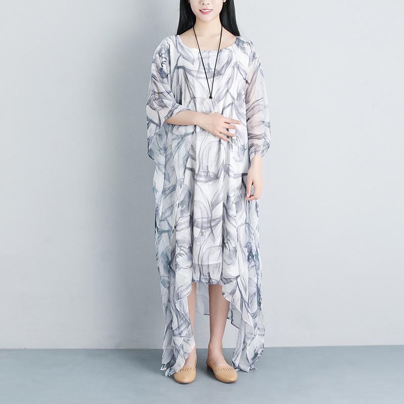 stylish long silk cotton dress oversized Summer Loose Casual Fake Two piece Half Sleeve Gray Long Dress - Omychic