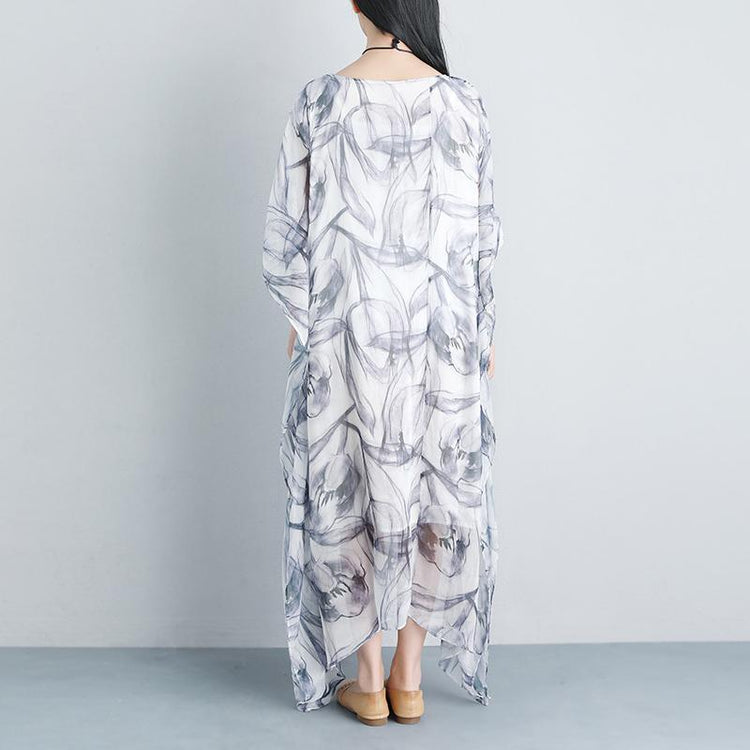 stylish long silk cotton dress oversized Summer Loose Casual Fake Two piece Half Sleeve Gray Long Dress - Omychic