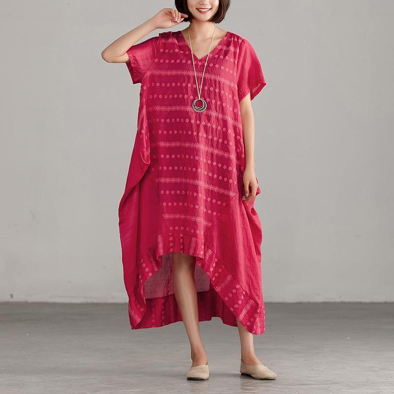 stylish natural linen blended dress trendy plus size Casual V-neck High-low Hem Dots Red Dress - Omychic